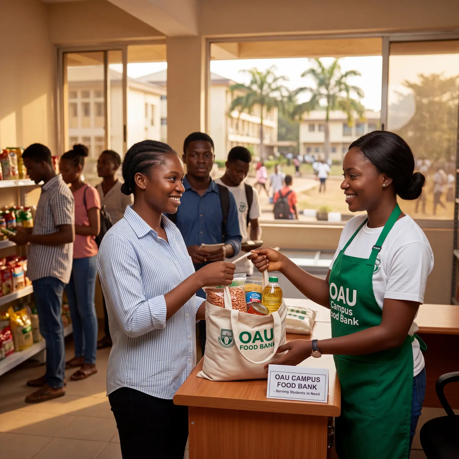 A student receives her first food pack at the OAU campus food bank, Ile-Ife