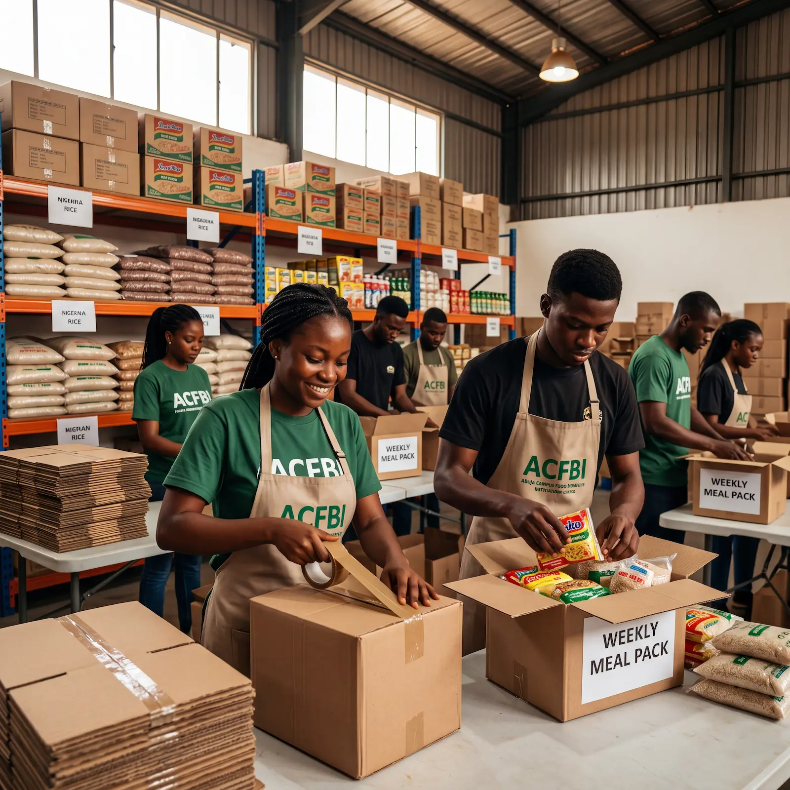 Volunteers packing weekly meal packs at the Abuja distribution centre